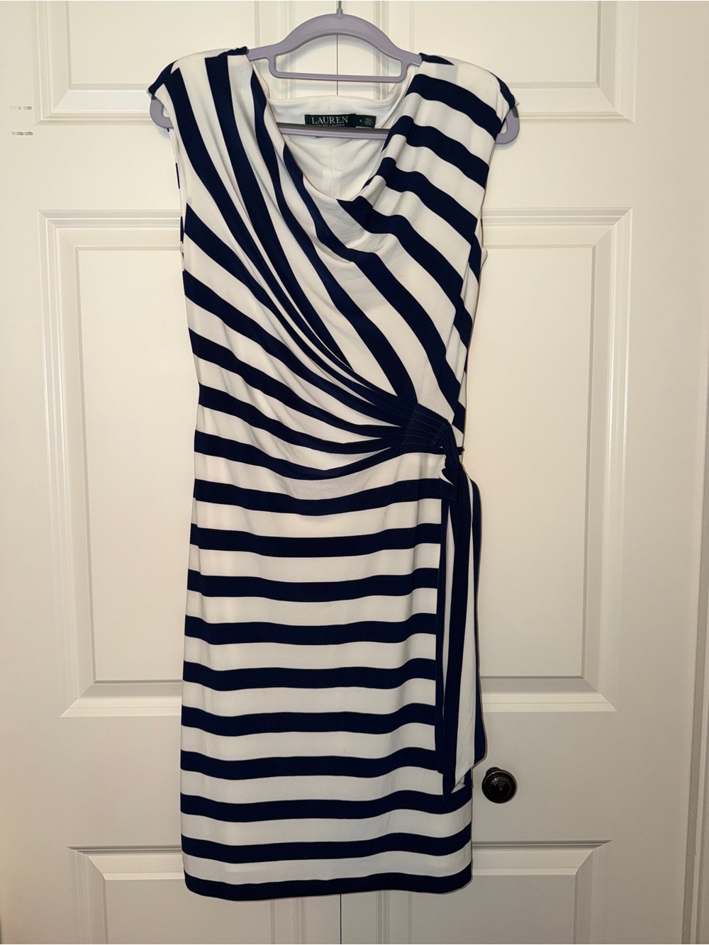 Lauren Ralph Lauren Navy and White Striped Faux-Wrap Midi Dress